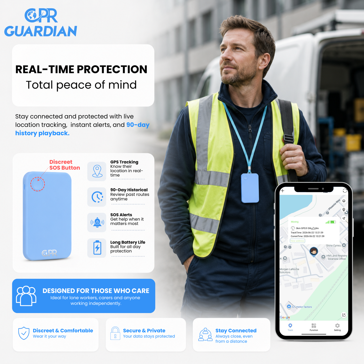 CPR Guardian ID Card GPS Location Tracker with SOS Emergency Button and Two-Way Calling | Lone Worker Safety Device & Personal Panic Alarm